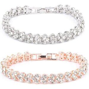 Classic CZ/ Rhinestone Tennis Bracelets – Silver & Rose Gold Pair- Evening, Work